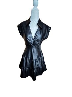 Pinch Black Faux-Leather Twist-Front Tiered Mini Dress
